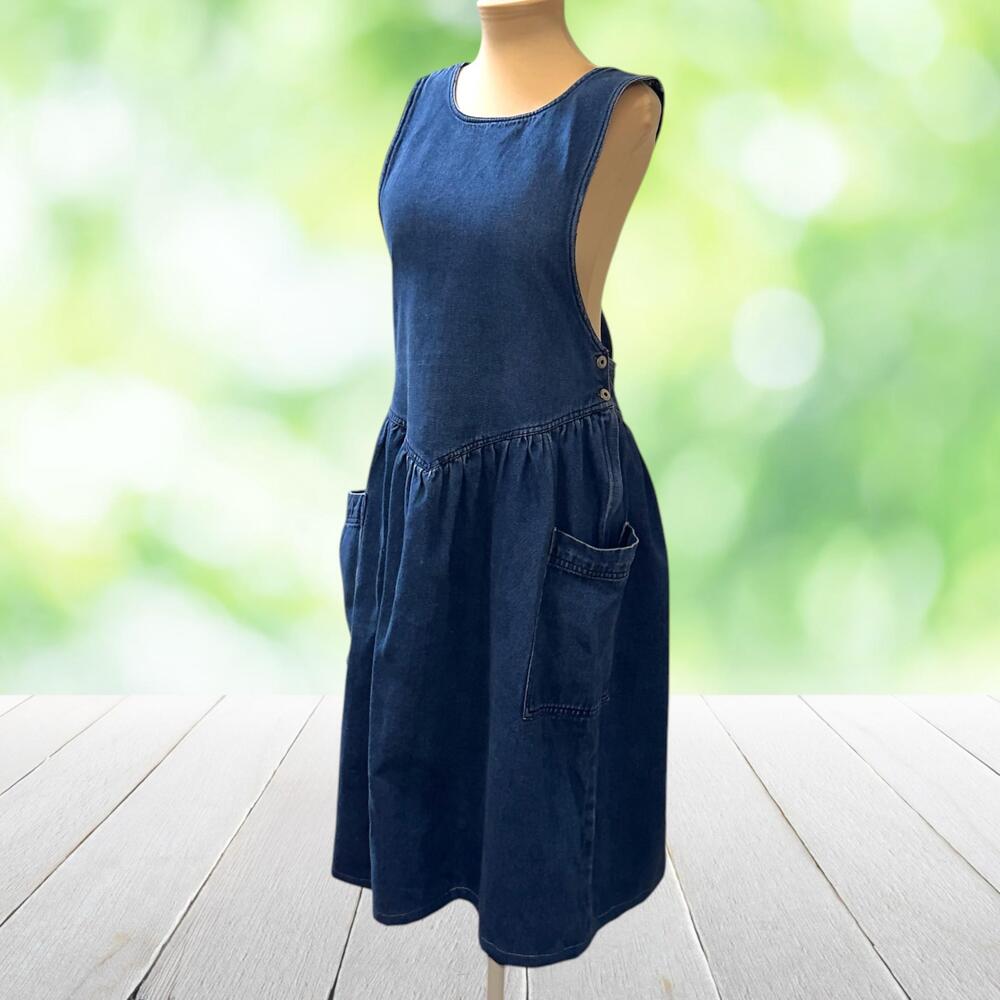 Vintage Denim Pinafore Dress Drop Waist Cross Back Pockets Blue 90s Size M